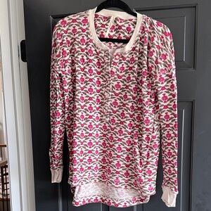 Anthropologie Cream Crewneck Sweater with Pink Floral Print